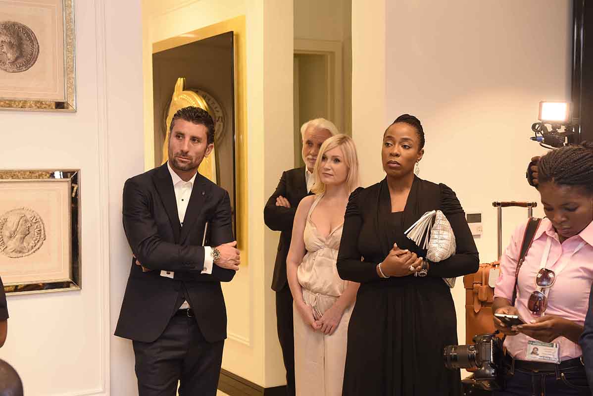 L-R Davide Doro, CEO, Alchymia, Larisa Girenok, Head of Global Communications & PR, Alter Ego Project Group and Adetola Owolabi, Executive Director, IL Bagno at the opening of Alter Ego